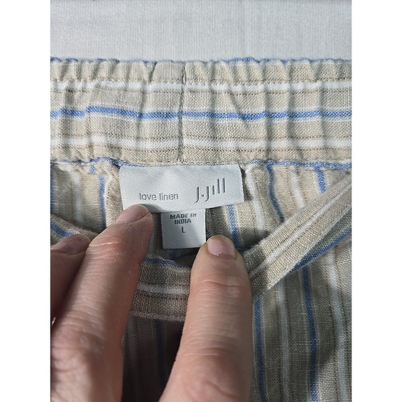 J. Jill Wide Leg Pants Womens Sz L Tan White Striped Linen Pockets Drawstring - Picture 2 of 9